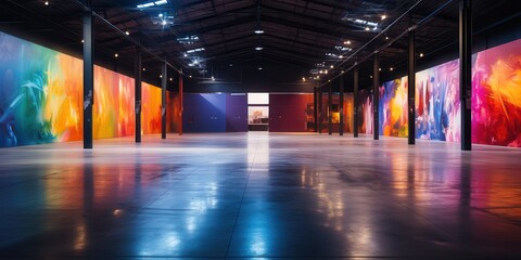 Fototapeta premium Empty art gallery with colorful abstract paintings on the walls. Modern art exhibition space with bright lighting and polished concrete floors.
