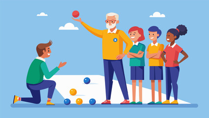 A coach giving pointers to their bocce team highlighting different strategies and techniques to use during the game.. Vector illustration