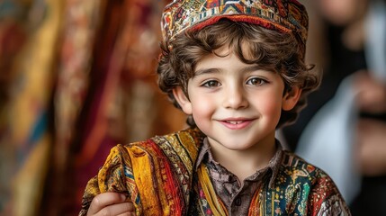 Fototapeta premium Young Boy in Traditional Colorful Attire with Bright Smile