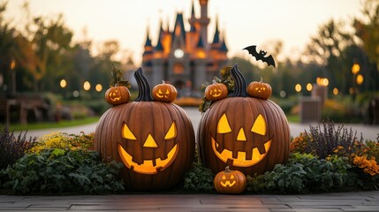 Obraz premium Two bright orange pumpkins with a majestic castle looming in the background creating a captivating scene