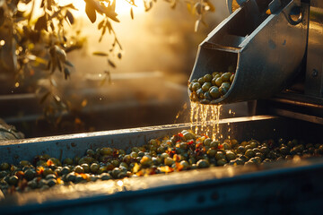 Harvesting Olives for Natural Oil Production in Golden Sunset, Olive Oil Manufacturing Process, Generative AI