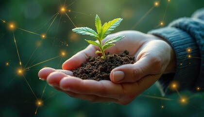 Fototapeta premium Digital human hand cradles plant in palm, blends tech with nature. Green growth symbolizes connection, nurture, harmony. Innovation for future environment, sustainability, touch, responsibility, care.