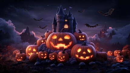 Enchanted castle surrounded by vibrant pumpkins and eerie bats creating a spooky halloween atmosphere