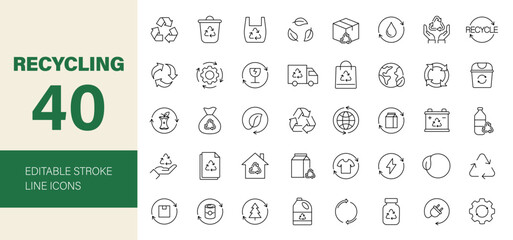 Recycle icon set. Ecology related icons: environment, eco, green energy, recycling, garbage, trash, separation, water, earth care and more. Editable line icons. Vector illustration.