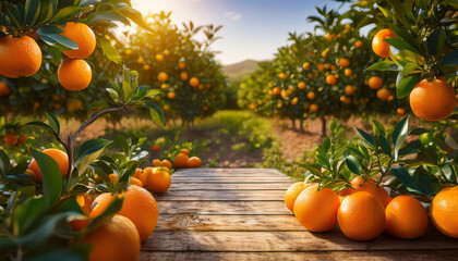 Golden Orchard's Bounty: A vivid depiction of an orange orchard at its peak, with sun-kissed fruits laden on the branches. The wooden pathway creates a sense of immersion.