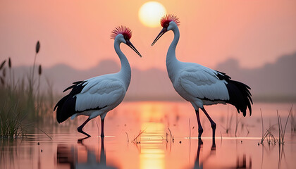 two birds standing in a lake at sunset