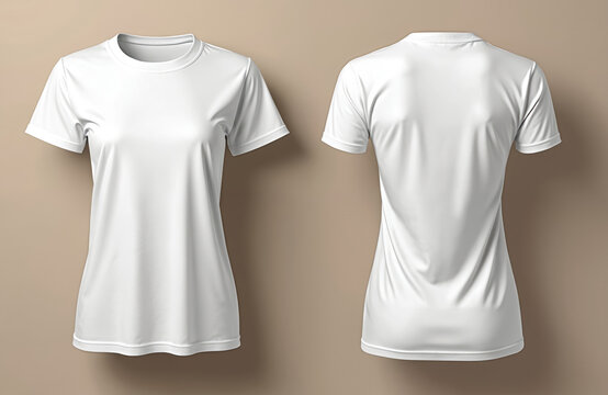 White blank basic t-shirt for female. Front, back view of cotton textile clothing. Apparel template for sport, casual attire, uniform. Lady garment with short sleeve, regular design. Great for