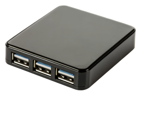 A black USB hub with multiple ports allows device connectivity on a transparent background - Powered by Adobe