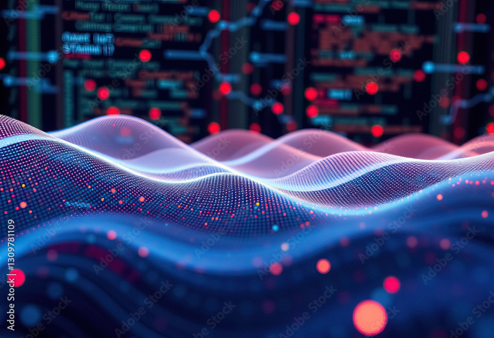 Poster Abstract of data waves with red highlights and code in background Technology focused