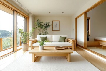Fototapeta premium Modern minimalist living room with large windows, showcasing a light and airy space, featuring natural wood furnishings and potted plants.