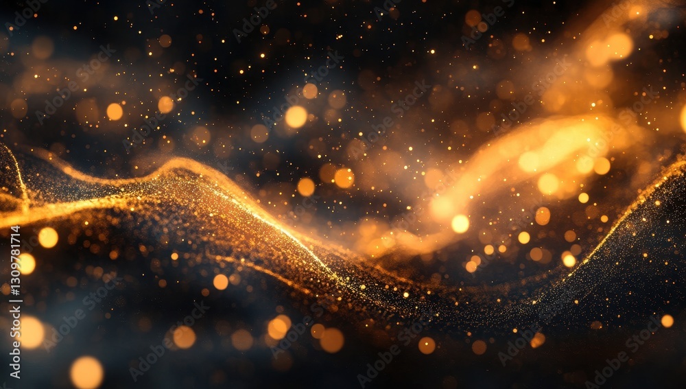 Poster abstract background with shimmering golden particles floating gracefully in a dark space, creating a