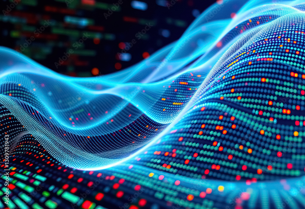 Poster Abstract data visualization with flowing blue lines and colorful dots digital information