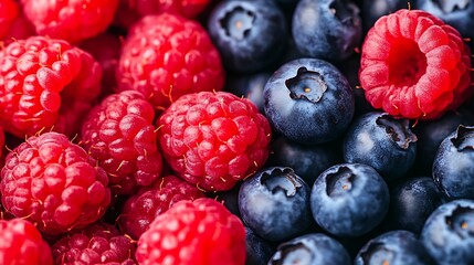 Raspberries & blueberries filling frame, close-up. Healthy food, natural texture, fruit. Use Menu, diet ad