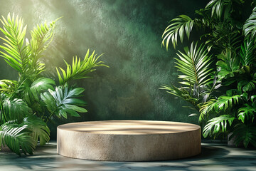 Natural Podium and Stage for Beauty Product Presentation with Leaves and Flowers, Generative AI