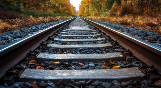 Two parallel railway tracks meet in the distance, surrounded by colorful autumn foliage. The scene exudes tranquility, with fallen leaves carpeting the ground