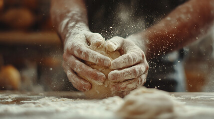 Artisan at Work: Hands kneading dough on a wooden table, dusted with flour, capturing the essence of traditional baking.
