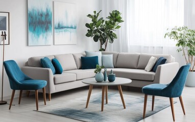 Modern living room with sectional sofa, teal accents, and abstract art.