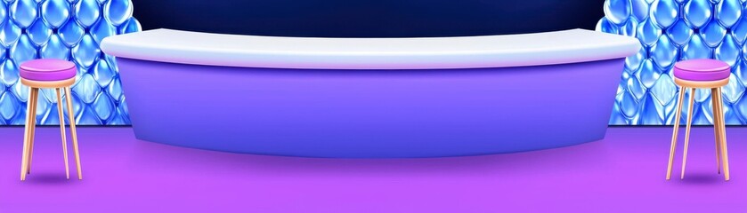 Obraz premium Modern Purple Reception Counter with White Top and Small Stools
