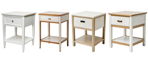 Matching bedside tables with drawers add style to bedrooms on a transparent background