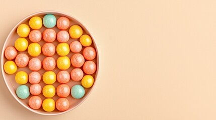 Obraz premium Pastel Spheres in Pink Container on Beige Background