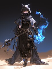 Naklejka premium Hooded Anime Wizard with Blue Fire Staff