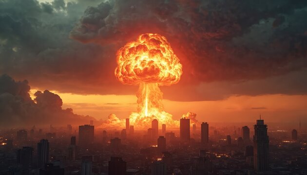 Aerial panorama of fire mushroom cloud in apocalyptic city after nuclear explosion. Atomic war blast, disaster, destruction of skyline. Flames burning. Radiation storm smoke. AI generated image of