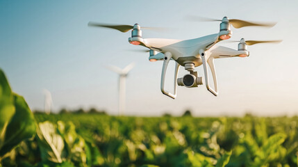 Drone surveying agricultural fields with wind turbines nature
