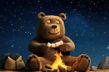 Bear Roasting Marshmallows by a Campfire Under a Starry Night Sky in a Serene Outdoor Setting