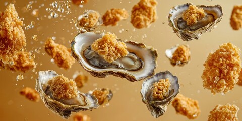 Obraz premium Floating fried oysters with a crunchy golden crust on a soft brown background