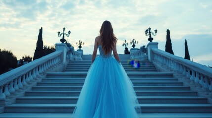 Woman in a light blue gown ascending a grand stone staircase outdoors at dusk.