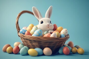 Adorable white Easter bunny nestled in a wicker basket filled with colorful patterned Easter eggs, some scattered around on a light blue background. Festive holiday celebration scene.