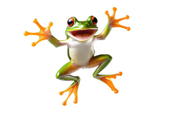 a high quality stock photograph of a single jumping happy frog isolated on a white background