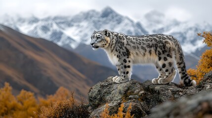 Fototapeta premium Snow Leopard on Mountain Rock, Autumn Colors