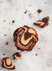 Homemade traditional marble pound cake.