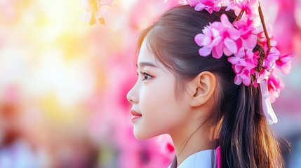 Fototapeta premium Beautiful Woman Pink Cherry Blossoms Spring Portrait Soft Light Asian Culture