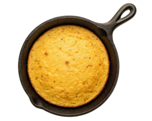 Fresh cornbread baked in a cast iron skillet looks delicious on a transparent background