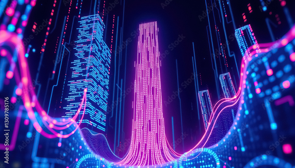 Aufkleber Digital Metropolis vibrant neon city skyline made of data streams and coding patterns