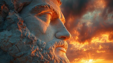 Ancient stone sculpture head, dramatic sunset backdrop