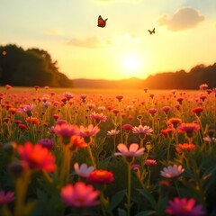 "A field of wildflowers stretching out under a golden sunset, with butterflies fluttering around."