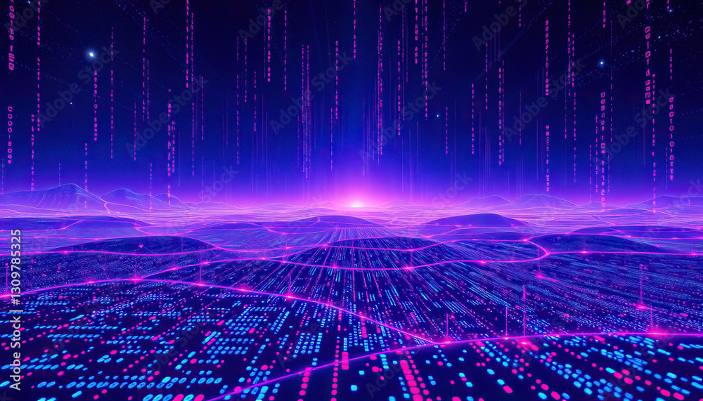 Poster cyberpunk landscape with falling code network grid and digital horizon under starry sky