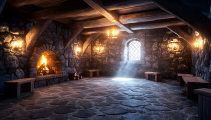 Fototapeta premium Medieval stone room with fireplace and window.