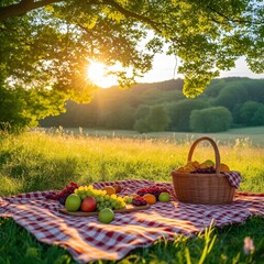 "A sunny morning picnic scene with a checkered blanket, a basket of fruit, and people enjoying the warmth of spring."