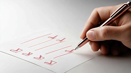 A hand is holding a pen to mark items on a checklist, featuring pink check marks on crisp white paper in a simple design
