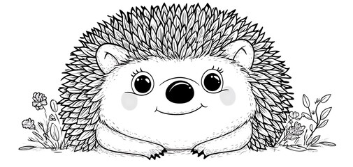 Smiling Hedgehog among Flowers - Illustration for coloring book or children's design element