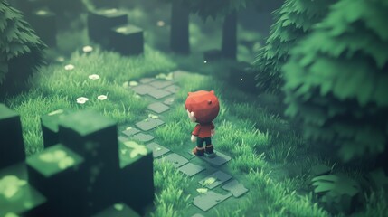 Pixelated character walks path in a lush forest