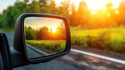 Road and lush green trees reflected in a rear view mirror capturing the essence of a scenic drive experience