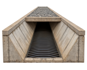 A concrete drainage ditch with a grate manages water runoff on a transparent background