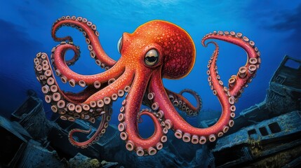 Obraz premium Colorful Octopus Swimming Among a Shipwreck in Deep Blue Ocean Depths