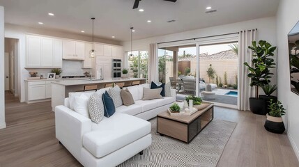 Modern Bright Living Room with Open Kitchen and Cozy Atmosphere
