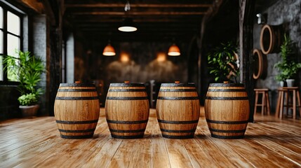 Four Wooden Barrels in Rustic Interior Setting
